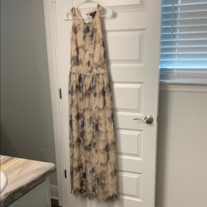 Elegant Beige and Gray Floral Maxi Dress